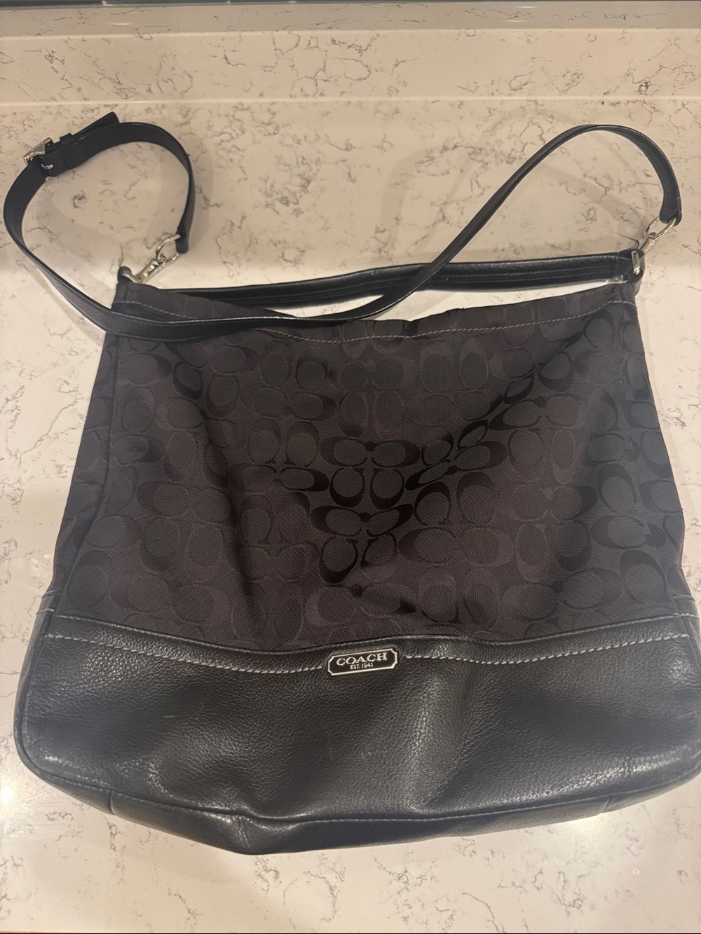 Coach Black Signature Canvas & Leather Shoulder Bag with Logo Accent